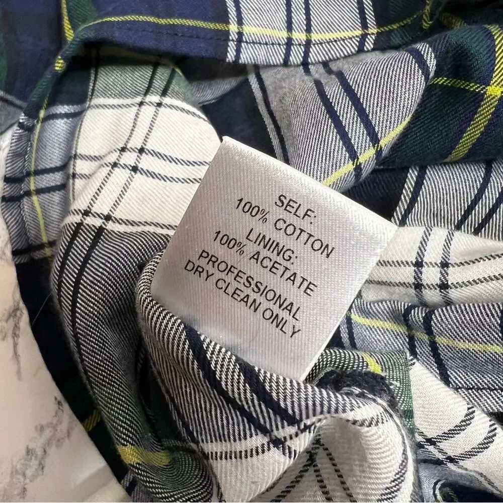 Petersyn Plaid Dexter Top Sz M navy green white puff sleeve